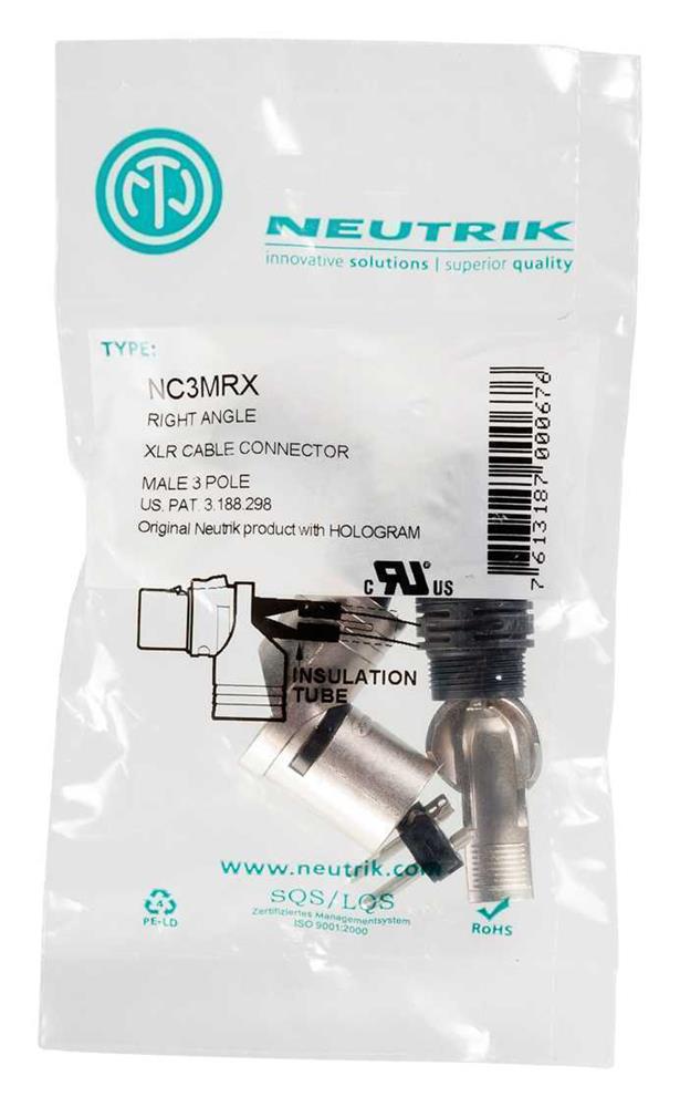 Neutrik - Xlr Male Cable Connector, 3-Pole, Right Angle, Nickel Housing, Silver Contacts