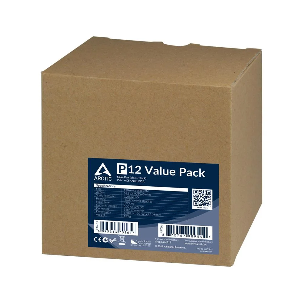 Ventoinha 120mm Arctic P12 3 Pinos 1800rpm Preta (Pack 5)