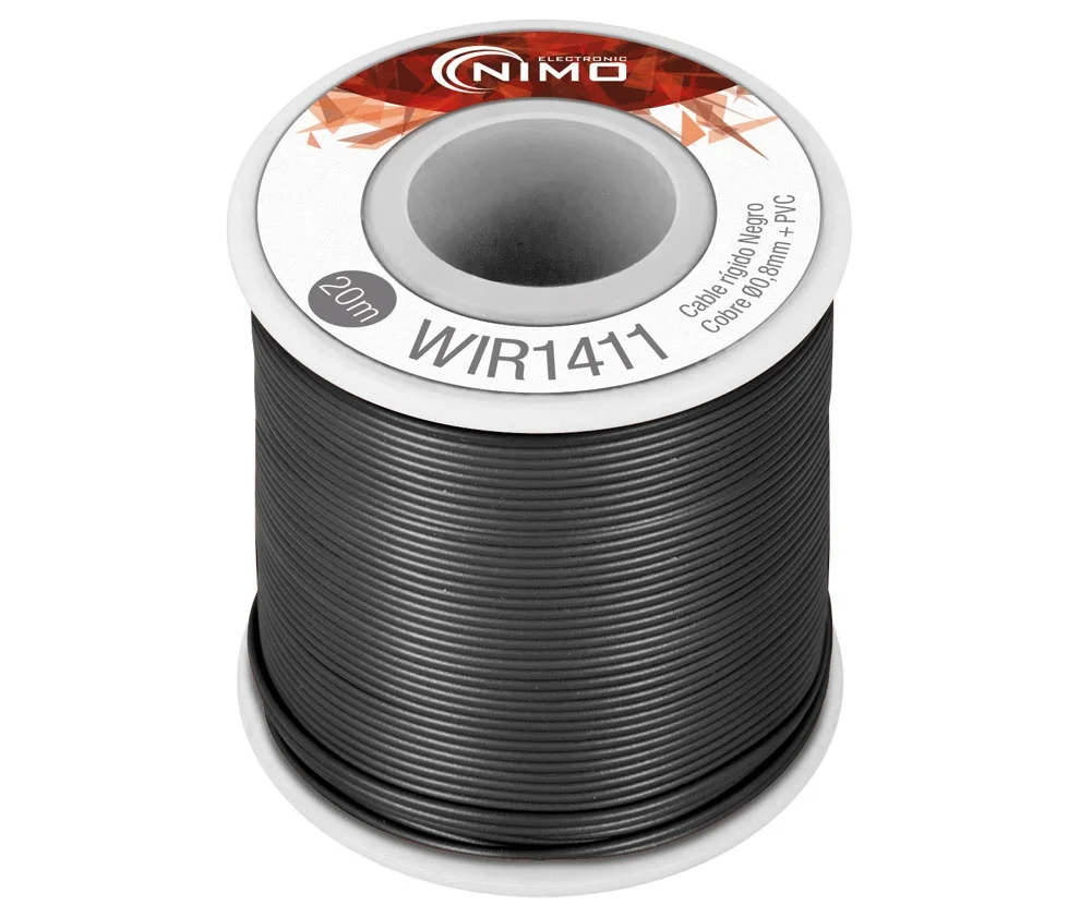 Cable R&iacute;gido 0,8mm, Cobre Esta&ntilde;ado, Negro 20m