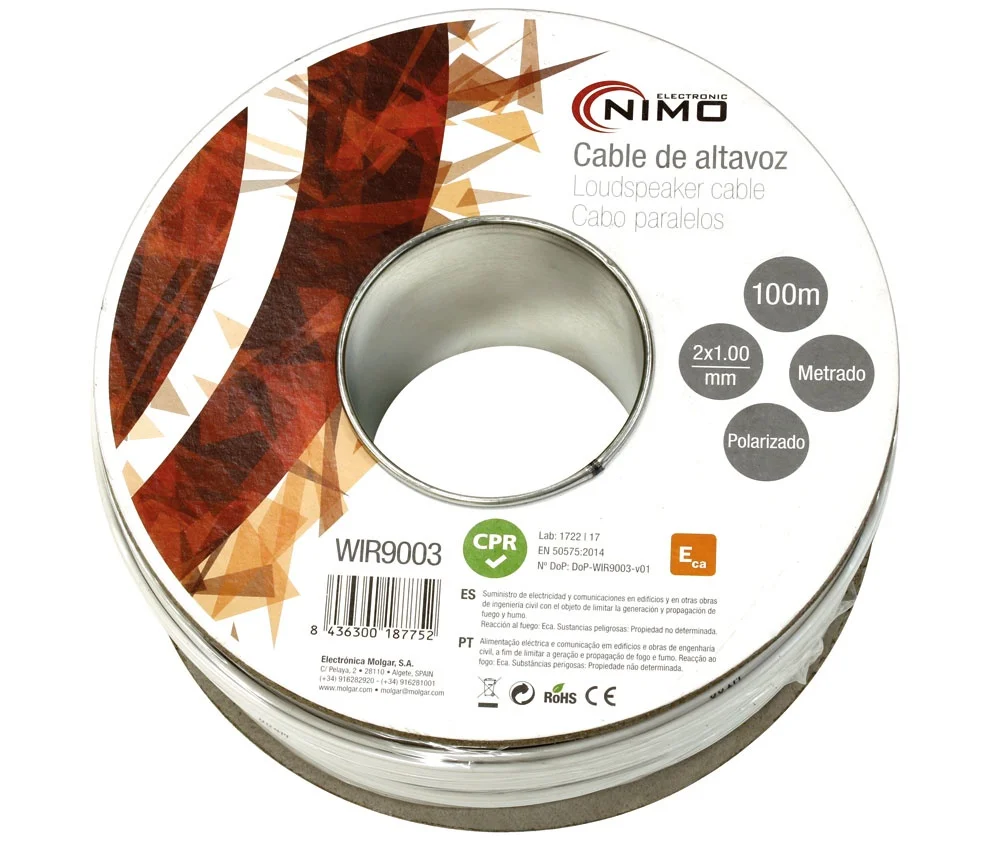 Cable para Altavoz 2x1.0mm, Blanco Polarizado 100m