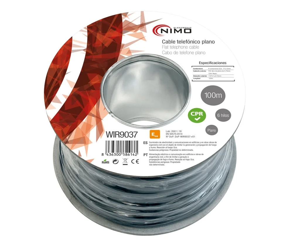 Bobina De Cabo Plano Com 6 Fios E 100m, Preto