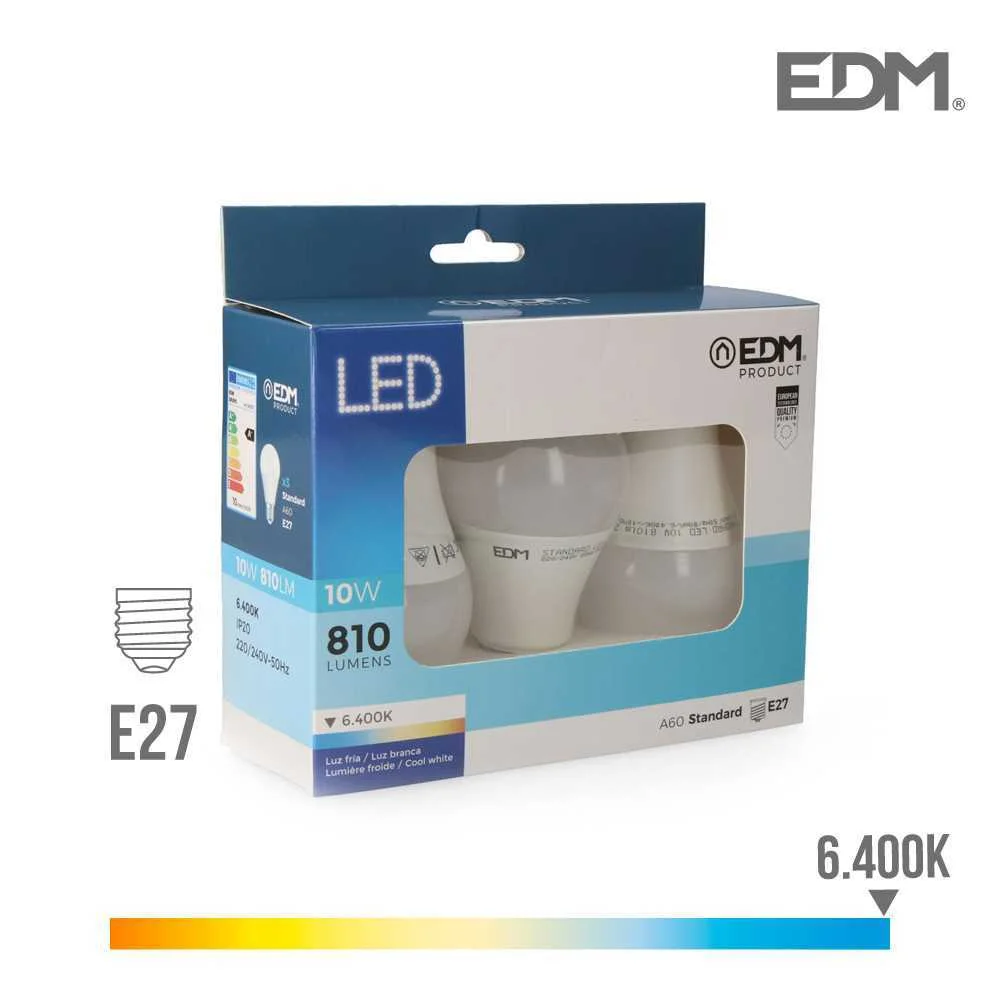 Pack 3 L&acirc;mpadas Led E27 10w 810 Lm 6400k.