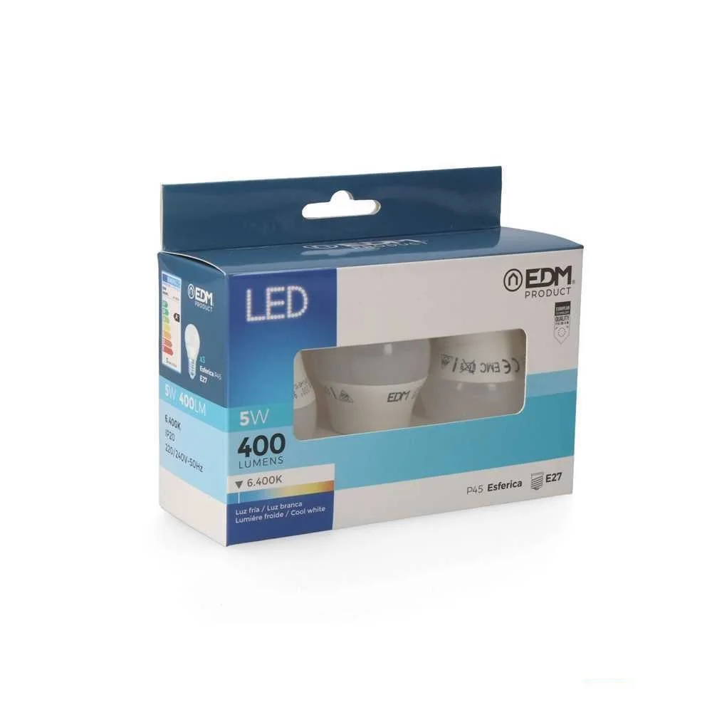 Kit 3 L&acirc;mpadas Esf&eacute;ricas LED E27 5w 400lm 6400k Luz Fria &Oslash;4,5x8cm Edm