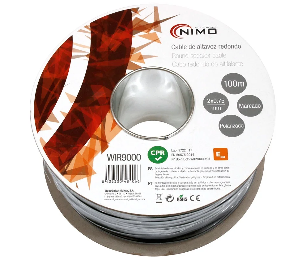 Cable para Altavoz Redondo 2x0.75mm, Negro 100m
