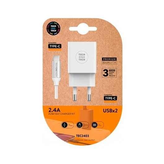 Cargador Doble + Cable Usb-C Tech One Tech Blanco