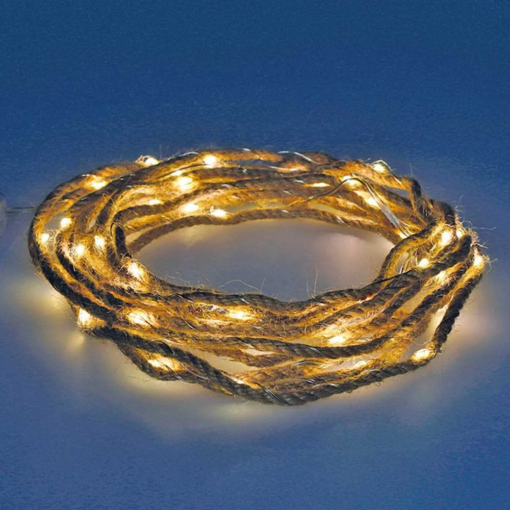 Corda de Juta a Pilhas Fixa 30 Micro Leds Branco Quente 5,03m