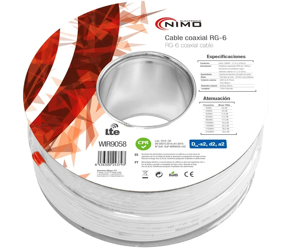 Rollo de Cable Coaxial de Antena Blanco 100m