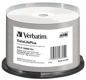 1x50 Verbatim Cd-R 80 / 700mb 52x White Wide Printable Non-Id