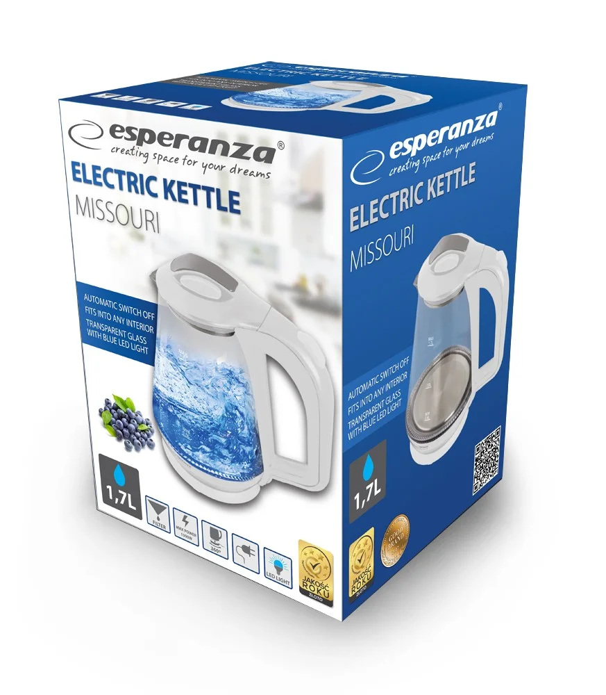 Esperanza Electric Kettle Glass With LED Light Missouri 1.7 L White
