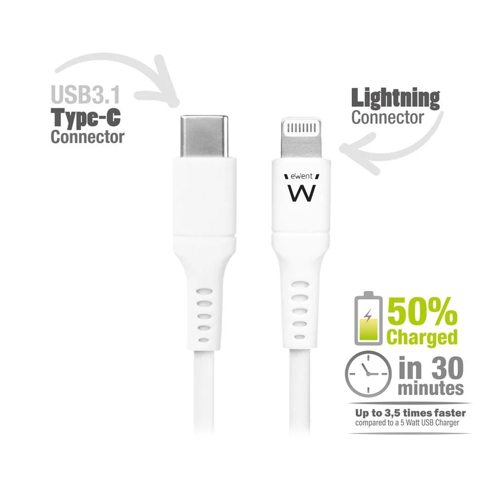 Ewent Cabo Lightning/ Usb-C Mfi White 1mt