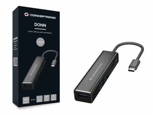 Hub Usb-C -> 3x Usb-A C/ Leitor de Cart&otilde;es Preto - Conceptronic