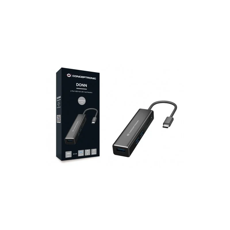 Hub Usb-C -> 3x Usb-A C/ Leitor de Cart&otilde;es Preto - Conceptronic