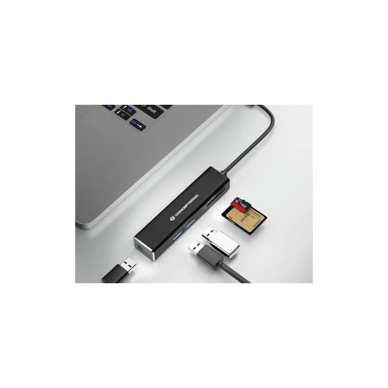 Hub Usb-C -> 3x Usb-A C/ Leitor de Cart&otilde;es Preto - Conceptronic