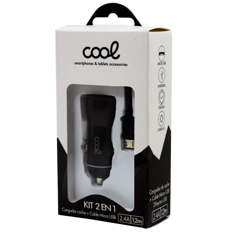 Carregador de Carro Cabo Microusb (2 X Usb) Cool 2.4a Kit 2 em 1 Preto