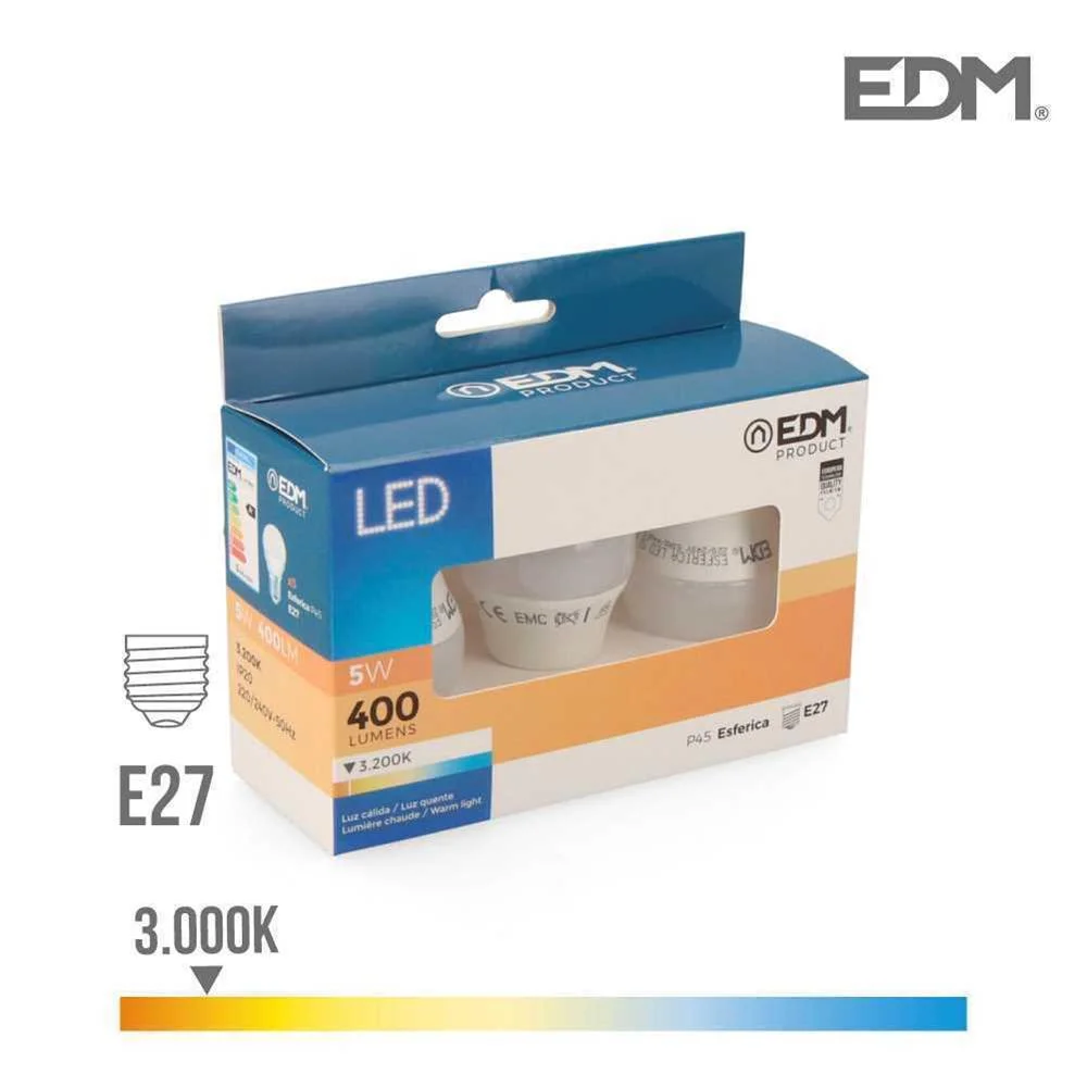 Kit 3 L&acirc;mpadas Esf&eacute;ricas LED E27 5w 400lm 3200k Luz Quente &Oslash;4,5x8cm Edm