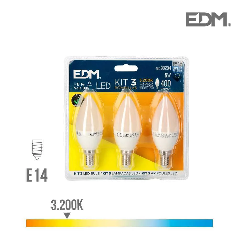 Kit 3 L&acirc;mpadas Candeiro Led E14 5W 400 Lm 3200K Lu