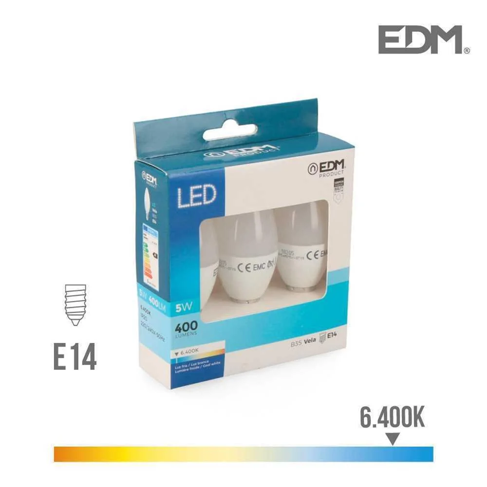 Kit 3 L&acirc;mpadas Vela Led E14 5W 400 Lm 6400K Luz Fr