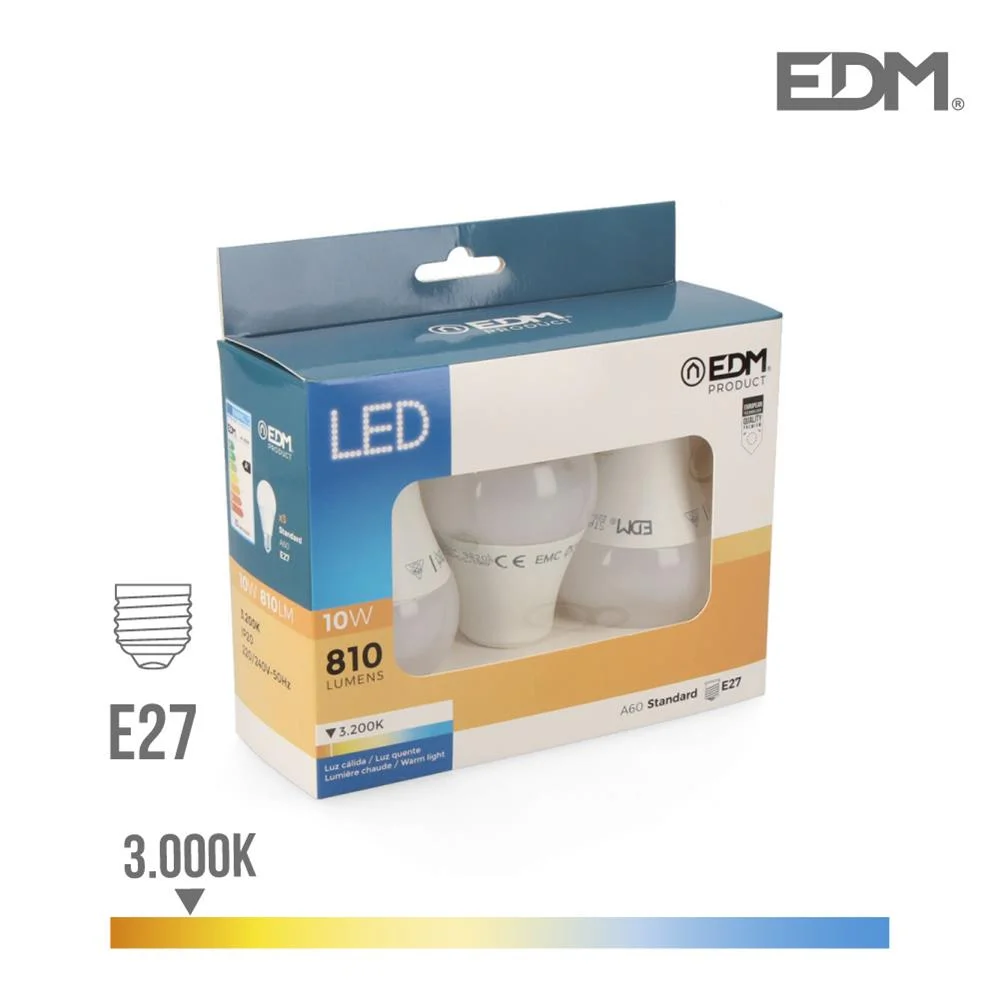 Kit 3 Lampadas Standard LED E27 10w 810 Lm 3200k .