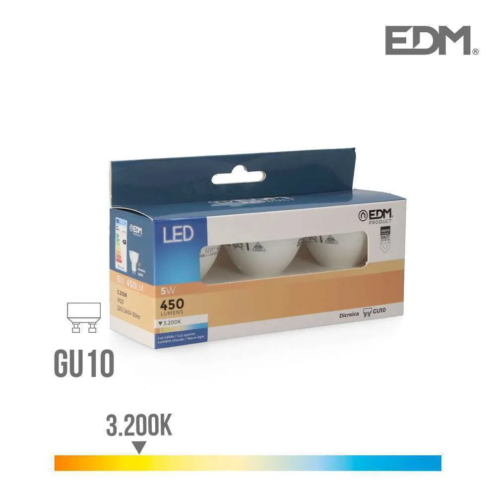 Kit 3 L&acirc;mpadas Dicroicas LED Gu10 5w 450lm 3200k Luz Quente &Oslash;5x5,5cm Edm