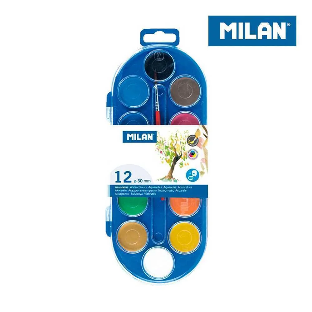Estojo com 12 Pastilhas de Aquarelas &Oslash;30mm com Pincel Milan