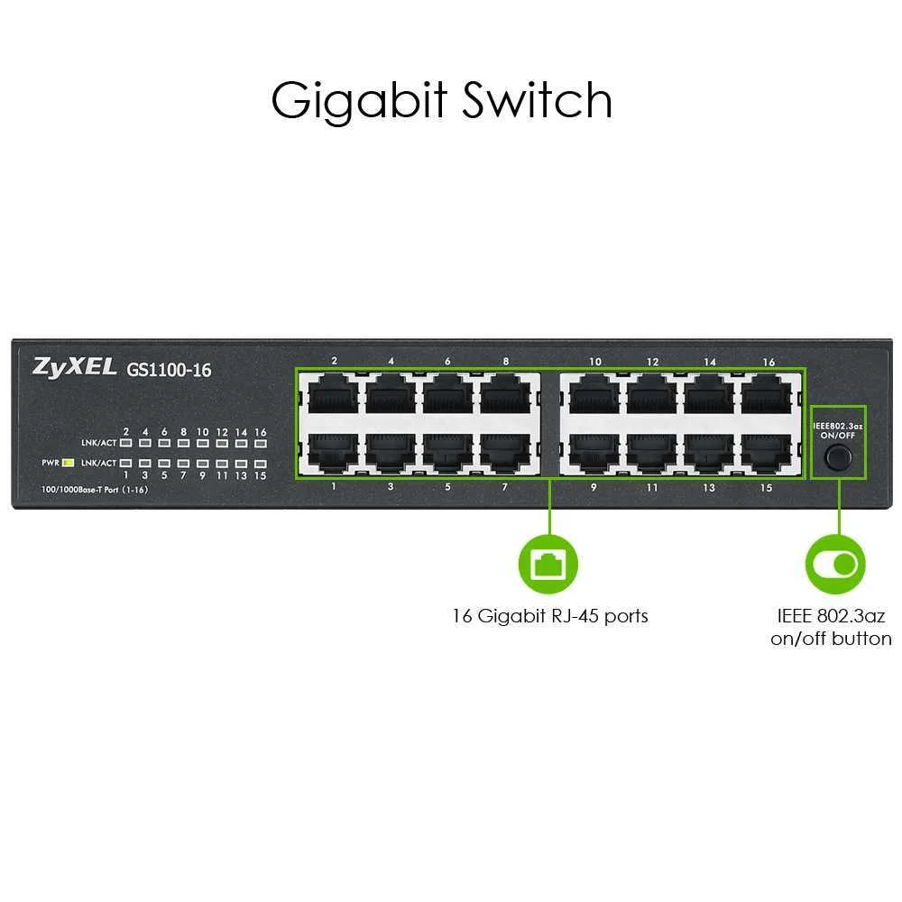 Switch Unmanaged 16 Portas Gigabit Ethernet 10/100/1000 - Zyxel