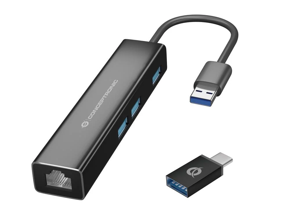 Placa de Rede Externa Gigabit Usb a Macho Adaptador Usb-C com Hub 3x Usb 3.0 - Conceptronic