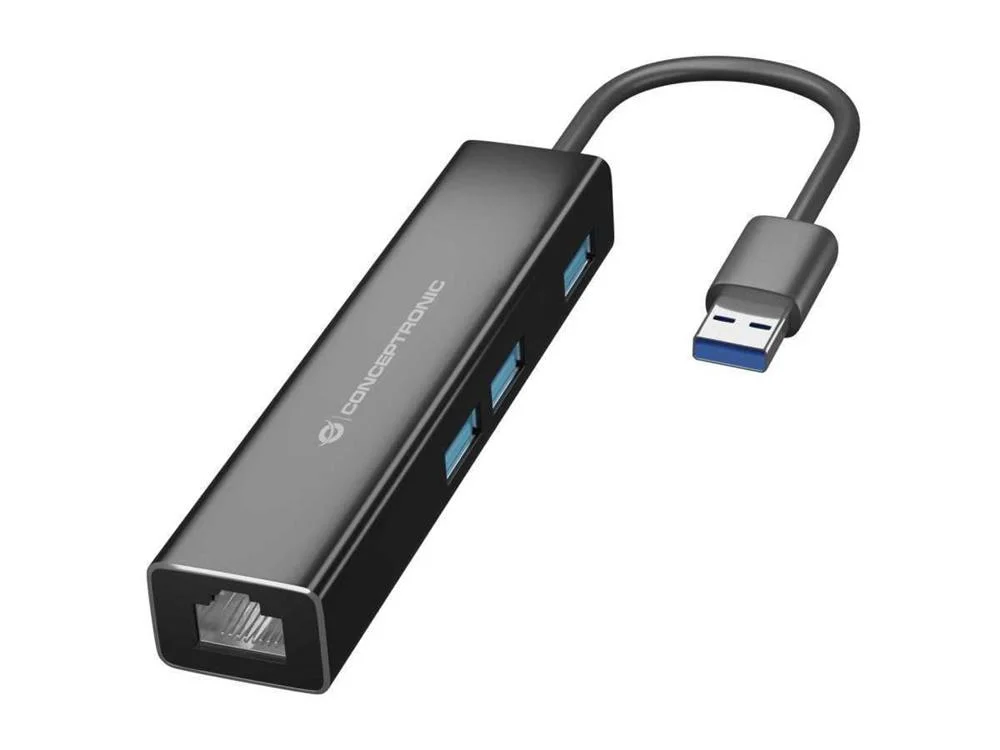 Placa de Rede Externa Gigabit Usb a Macho Adaptador Usb-C com Hub 3x Usb 3.0 - Conceptronic