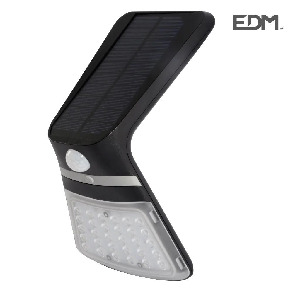 Candeeiro de Parede Solar 3,5w 430lm Sensor de Presen&ccedil;a Recarreg&aacute;vel (2-8m) Cor Preto 10,5x13cm Edm