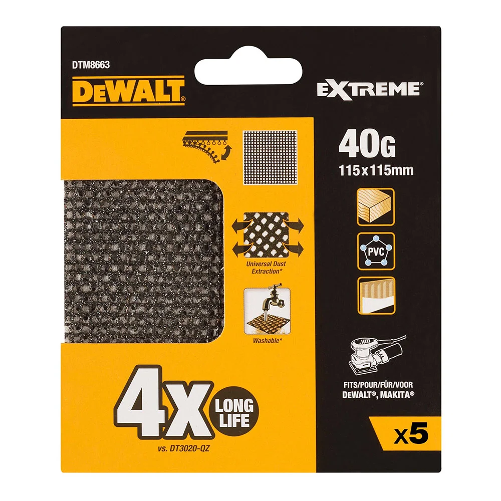 Pack de 5 Lixas de Malha 1/4 Gr&atilde;o 40 para Lixadoras Orbitais 115x115mm Dtm8663-Qz Dewalt