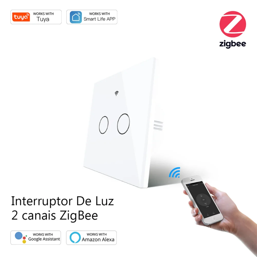 Interruptor de Luz de Pared T&aacute;ctil Zigbee de 2 Ba.