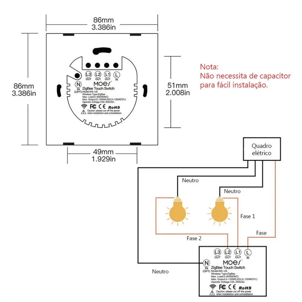 Interruptor de Luz de Pared T&aacute;ctil Zigbee de 2 Ba.