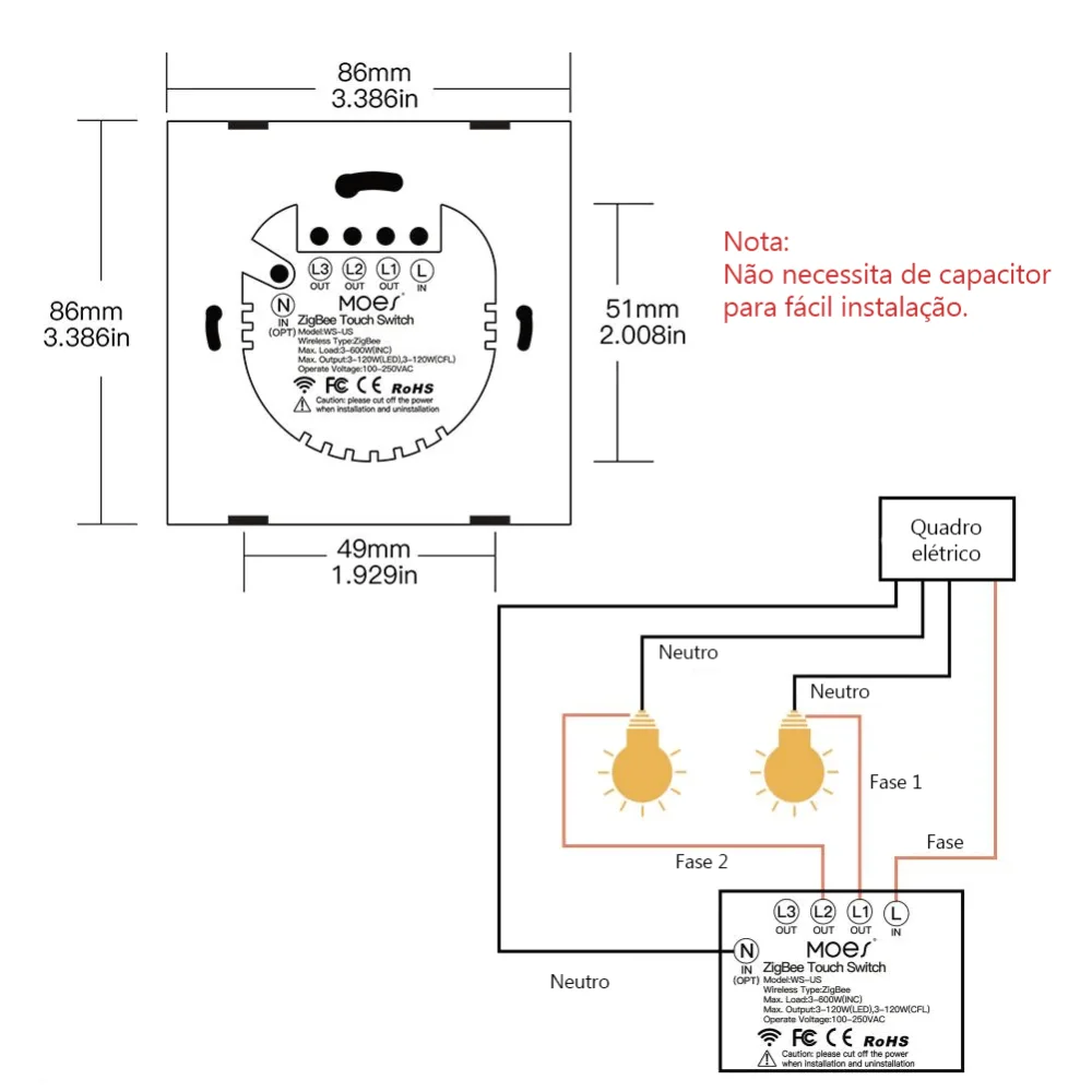 Interruptor de Luz T&aacute;til 3 Canais ZigBee