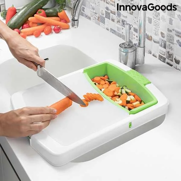 T&aacute;bua de Corte Extens&iacute;vel com Tabuleiro, Recipiente e Coador 3 em 1 Practicut Innovagoods 