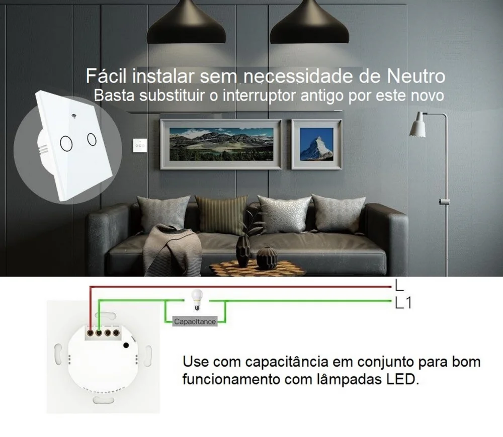 Interruptor Wifi + Rf433 de Parede Touch Vidro 2ch