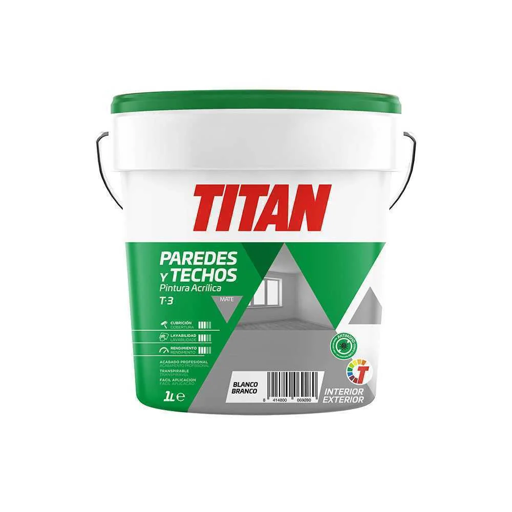 Tinta Acr&iacute;lica para Decora&ccedil;&atilde;o de Paredes e Tetos T-3 Branco Mate 1l Titan 123000301