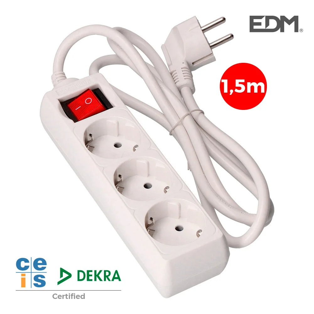 Bloco 3 Tomadas T/Tl 10/16a Schuko + Interruptor 1,5m 3x1,5mm Edm