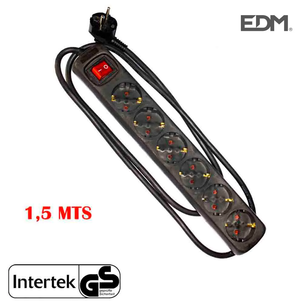 Bloco 6 Tomadas T/Tl 10/16a Schuko + Interruptor 1,5m 3x1,5mm Cor Preto Edm