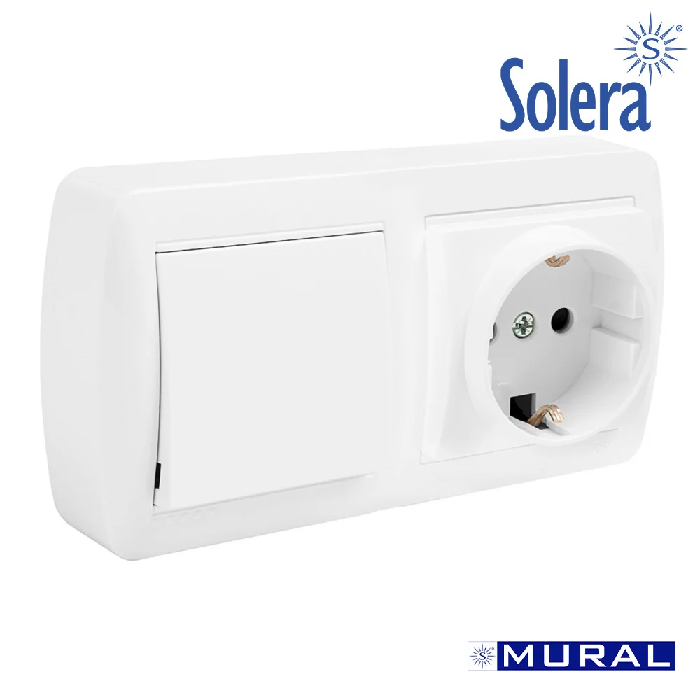 Base Fixa 2p+T 16a 250v + Comutador/Interruptor 10ax 250v 148x72x42mm Superficie Mural Solera Mur63u