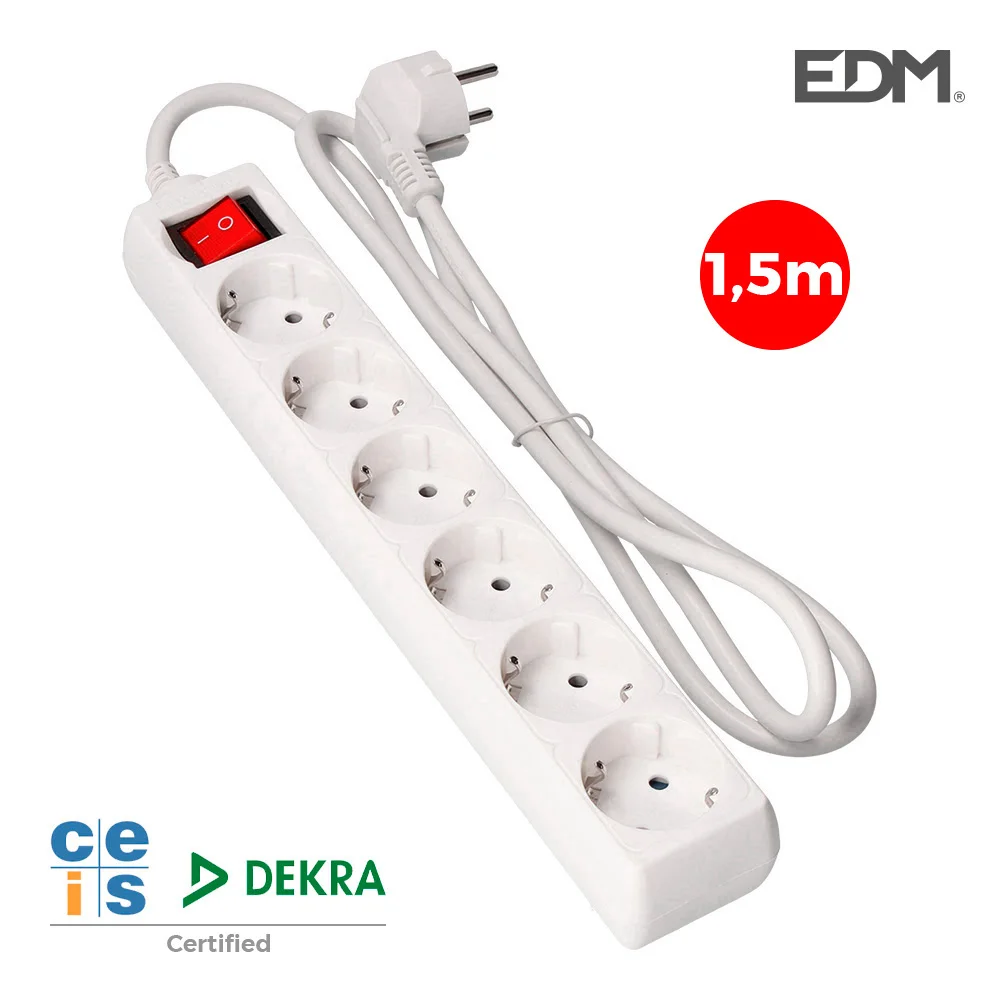 Bloco 6 Tomadas T/Tl 10/16a Schuko + Interruptor 1,5m 3x1,5mm Edm
