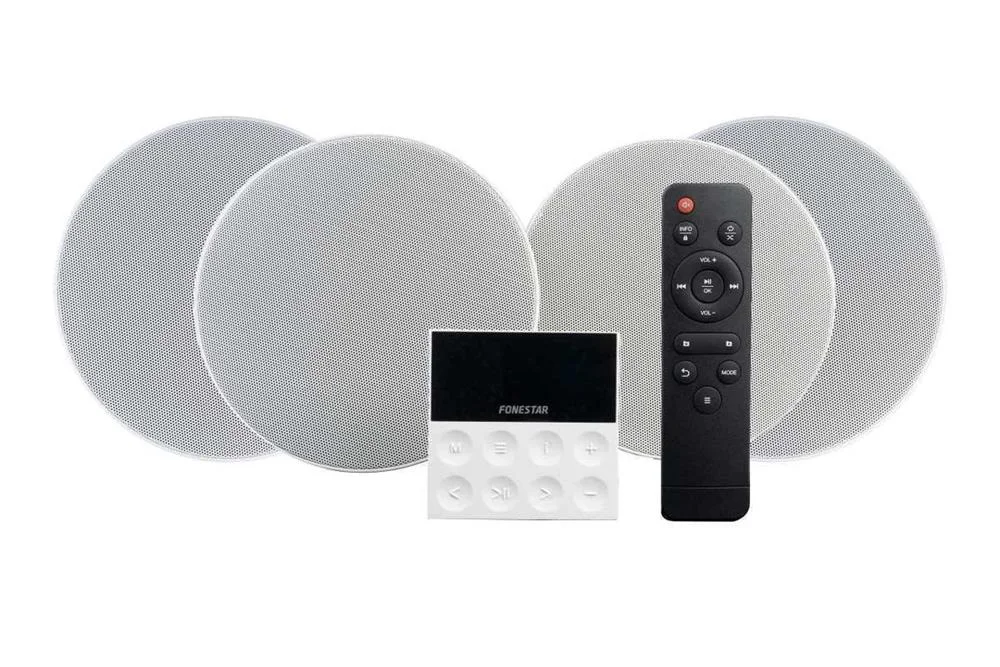 Kit de Som. Amplificador Est&eacute;reo 2 X15 Rms@8o. 4 Colunas 6" 15 W Rms@8o. Reprodutor Usb/Fm/Bluetooth