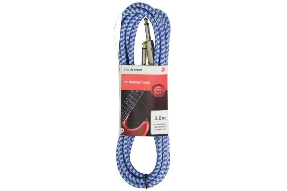 Cabos Tran&ccedil;ados Mono 6.3mm - Mono 6.3mm para Guitarras Cl&aacute;ssicas Azul/Branco 3.0m