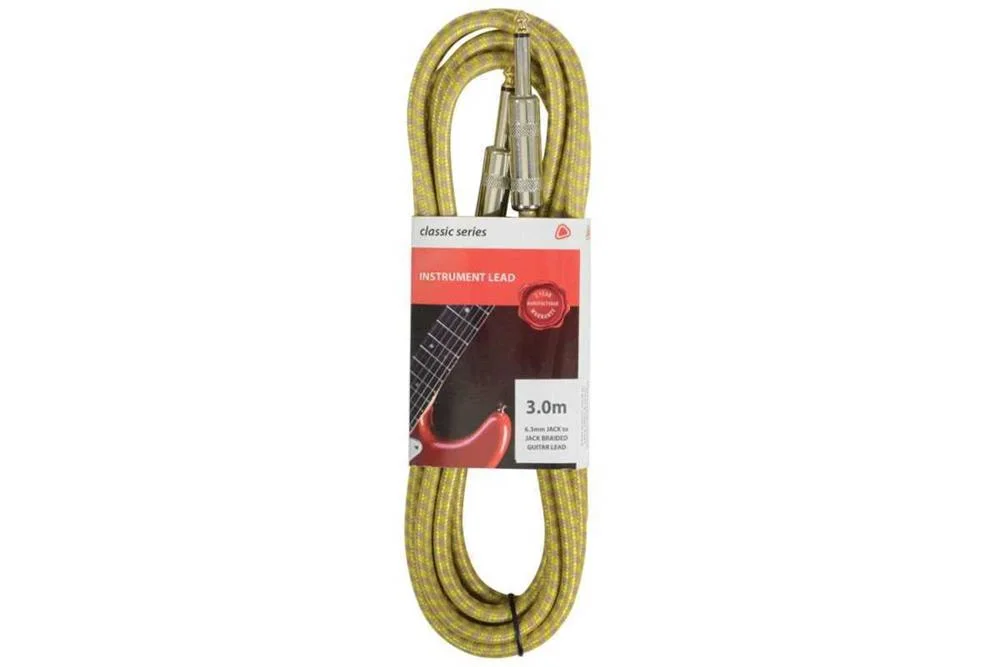 Classic Braided Guitar Lead Grey/Gold 3.0m