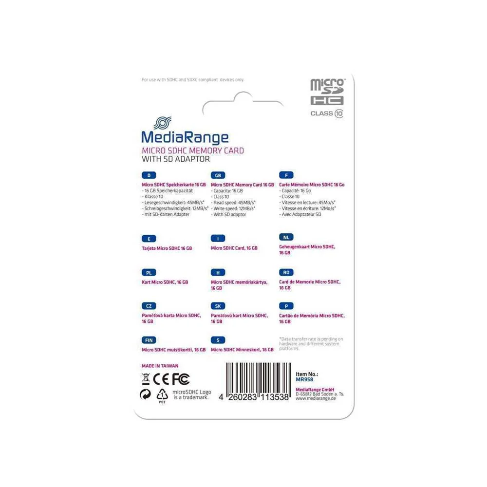 Mediarange Mr958 Cart&atilde;o de Mem&oacute;ria 16 Gb Microsdh.