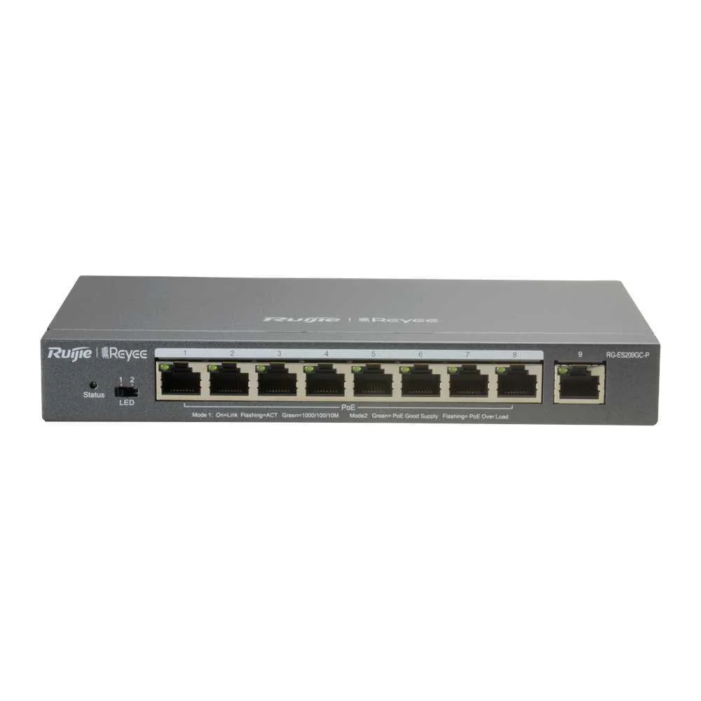 Reyee Switch Poe Cloud Gerenci&aacute;vel L2 - 8 Portas Poe 802.3af/At + 1 Uplink Rj45 - 8 Rj45 10/100/1000