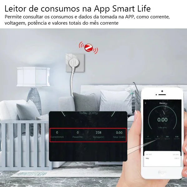 Tomada de Parede Zigbee em Vidro com Leitor de Consumo de Energia