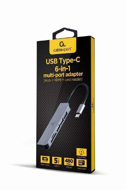 Adaptador Gembird Usb-C 6-In-1 (Hub + Hdmi + Leitor de Cart&otilde;es) Prateado