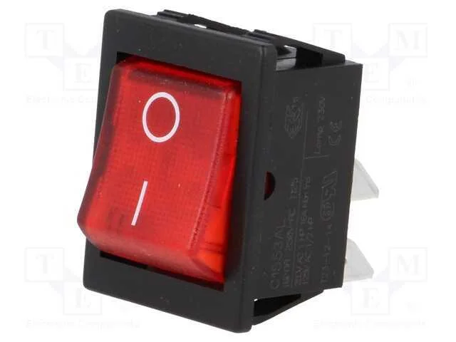 Rocker, Dpst, Pos: 2, On-Off, 16a/250vac, 20a/28vdc, Vermelho, 250v