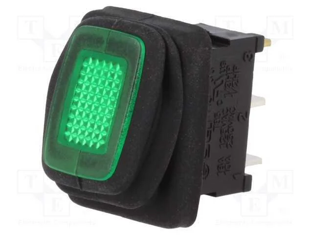 Rocker, Spst, Pos: 2, On-Off, 10a/250vac, Verde, Ip65, 250v, 50mo