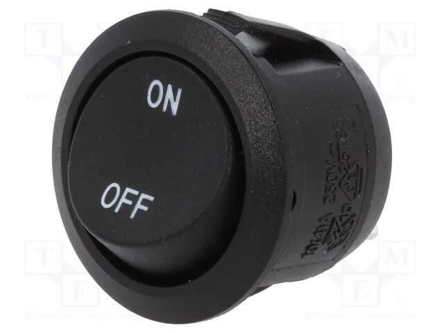 ROCKER, SPST, Pos: 2, ON-OFF, 10A/250VAC, preto, .