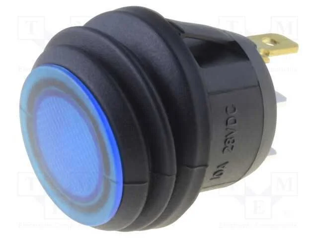Rocker, Spst, Pos: 2, Off-(On), 10a/28vdc, Azul, Ip65, Led, 50mo